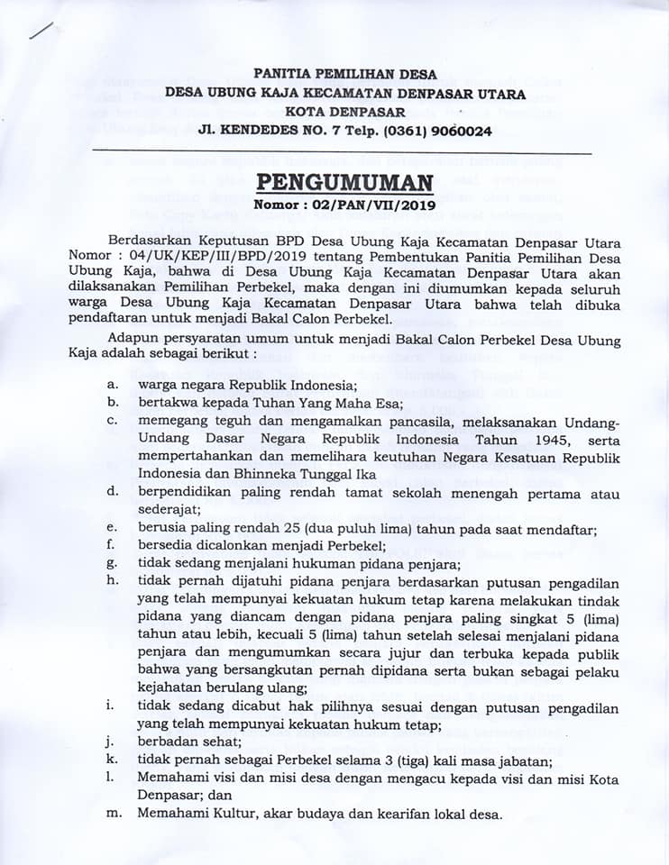 Pengumuman Pemilihan Perbekel