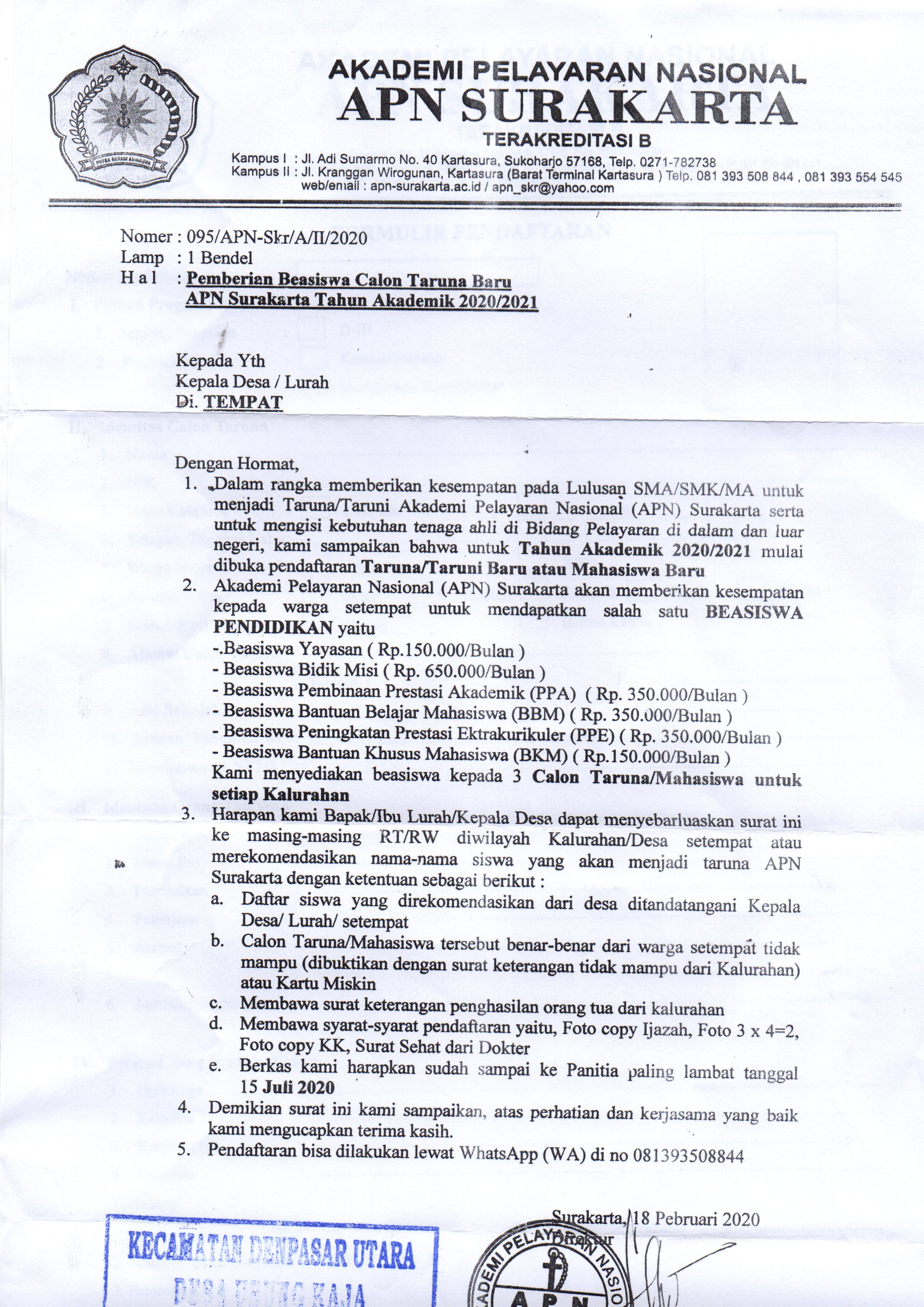 PEMBERIAN BEASISWA CALON TARUNA BARU APN SURAKARTA TAHUN AKADEMIK 2020/2021