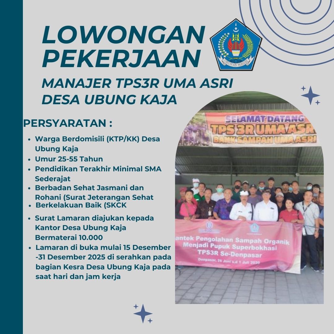 PENGUMUMAN LOWONGAN KERJA MANAJER TPS 3R UMA ASRI DAN TENAGA PEMROSES